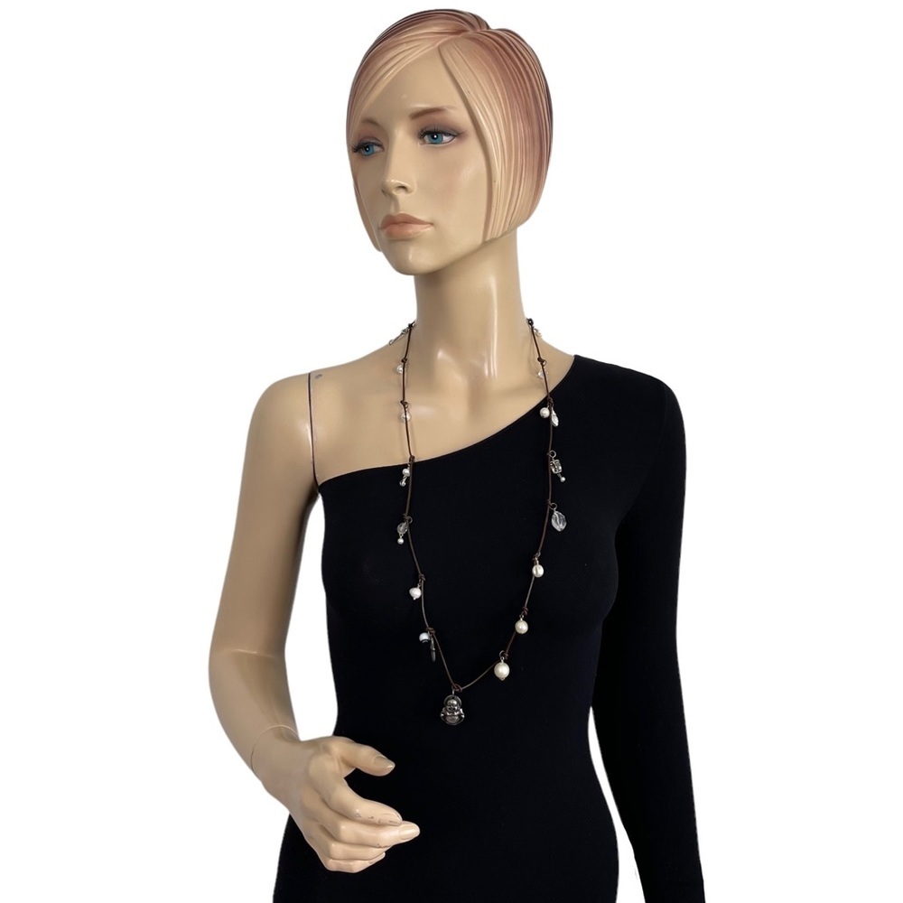 Women's Leather knotted Buddha Faux Pearls Charm Necklace